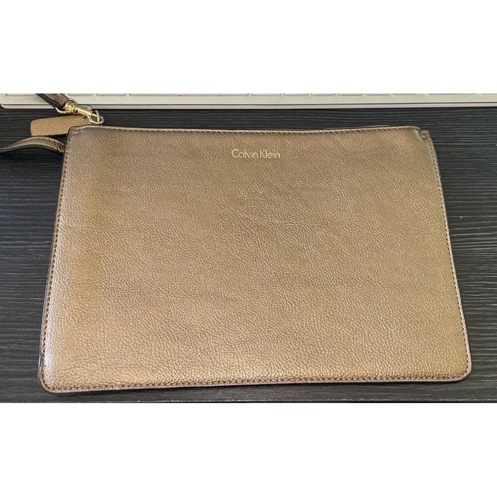 Calvin Klein Bronze Brown Faux Leather Zip Wristlet Clutch Wallet Clip On Bag